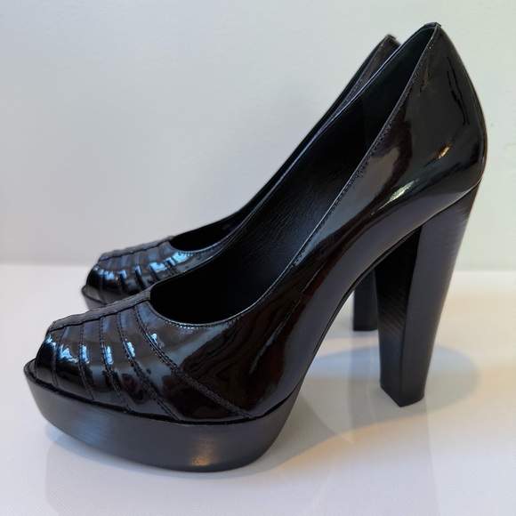 VIA SPIGA Black Patent Leather Platform Peep Toe Heels Size 7.5 Block Heel Pumps - Picture 13 of 13